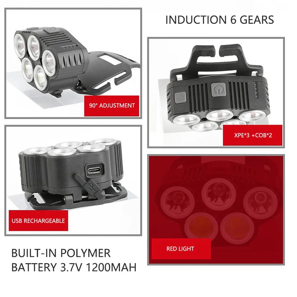 6 Modes LED Head Torch | Induction Headlight Camping COB Infrared Strong Lights