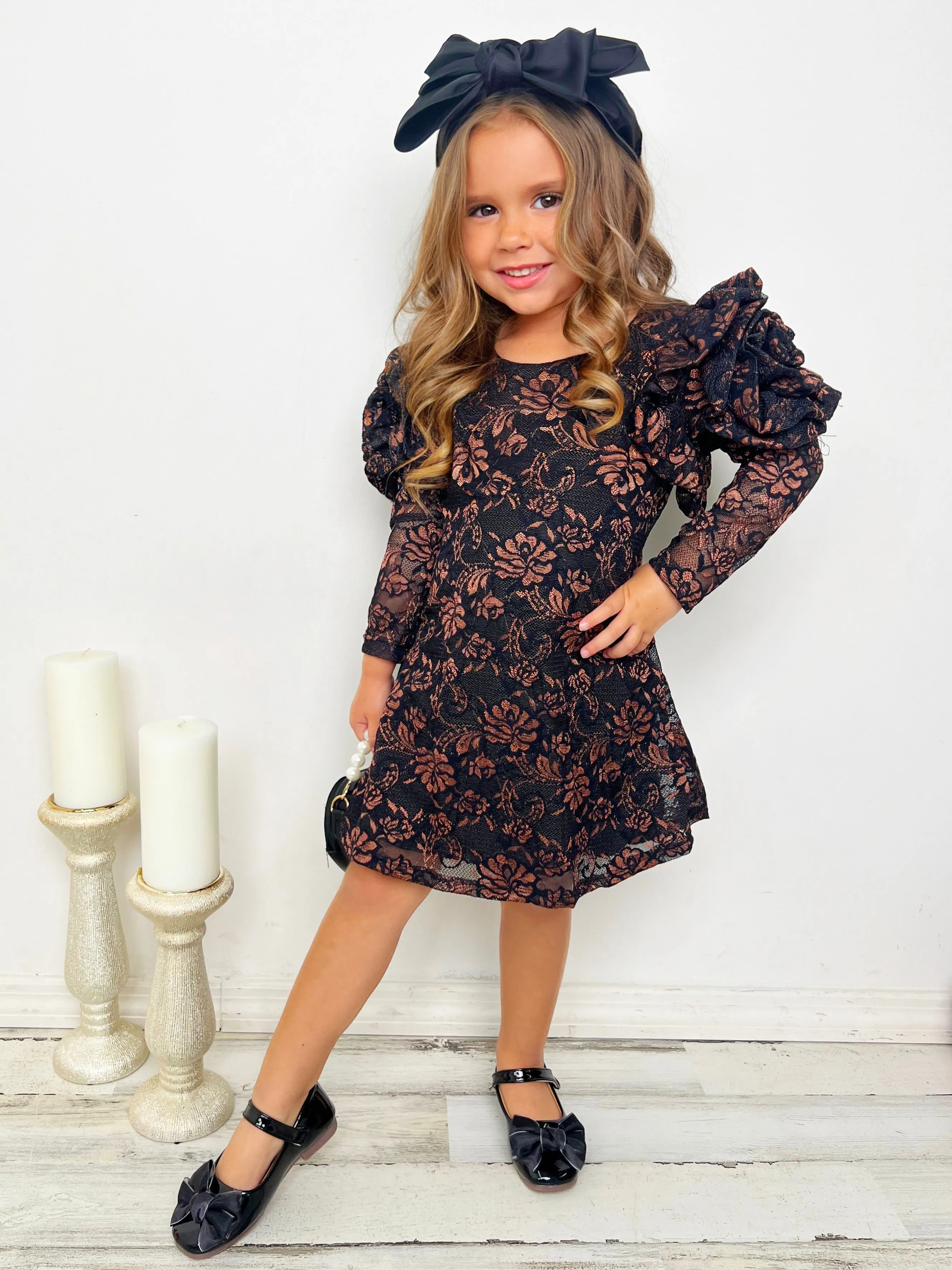 Autumn Blossom Rosette Sleeve Brown Floral Dress