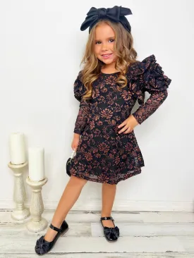 Autumn Blossom Rosette Sleeve Brown Floral Dress