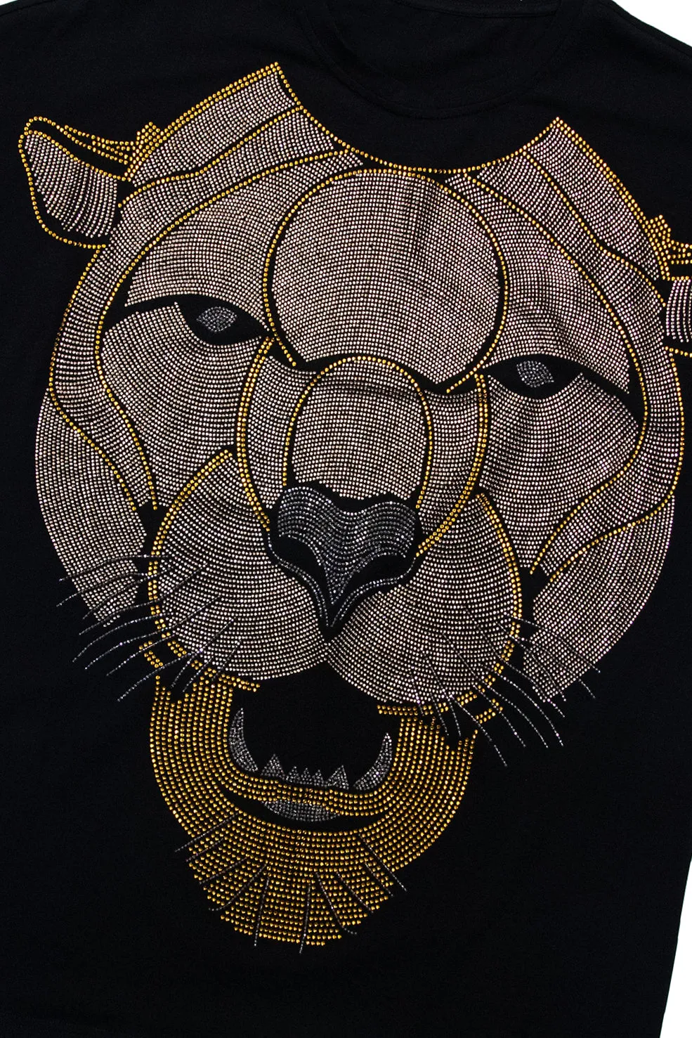 Heads or Tails Men's Cougar Face Saber Tooth Tiger Rhinestone Studded Graphic Printed Short Sleeve T-Shirt