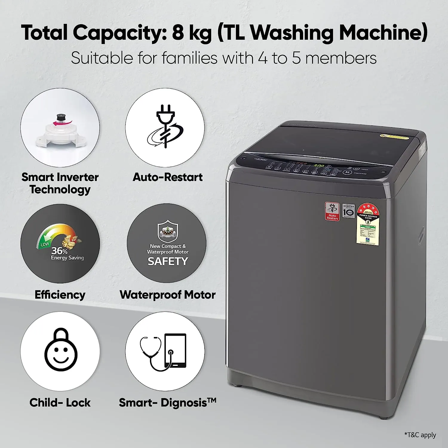 LG T80AJMB1Z 8 Kg 5 Star Inverter TurboDrum Fully Automatic Top Loading Washing Machine ( Jet Spray , Smart Closing Door, Middle Black)