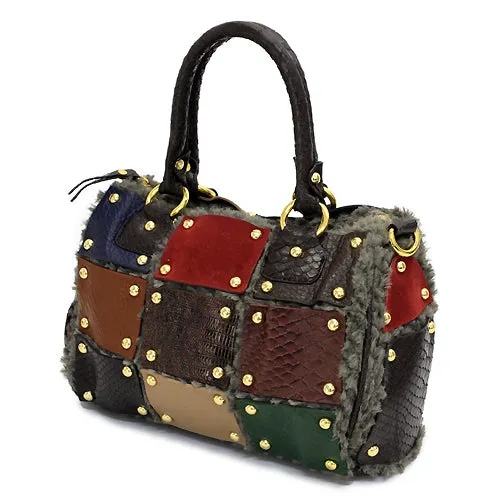 Multi Faux Leather Patchwork Patterned Faux Fur Based Satchel Handbag Bag Brown