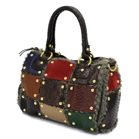 Multi Faux Leather Patchwork Patterned Faux Fur Based Satchel Handbag Bag Brown