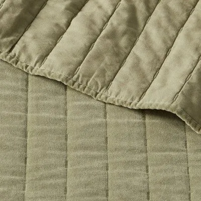 New - Full/Queen Channel Stitch Velvet Quilt Green - Threshold